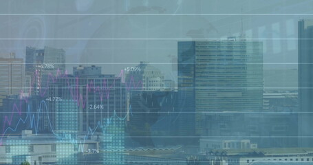 Image of data processing and diagram over cityscape