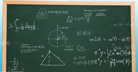 Image of mathematical data processing over green chalkboard