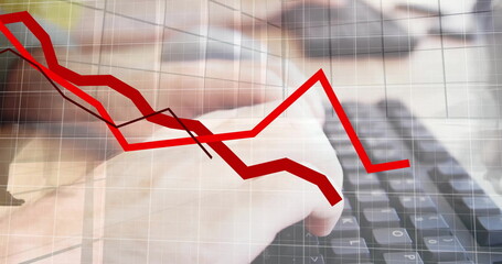 Fototapeta premium Image of graphs, time lapse of walking people, cropped hands of caucasian man typing on keyboard