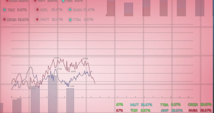 Image of financial data processing and statistics over pink background - Powered by Adobe
