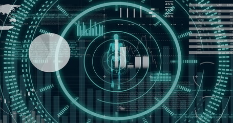 Image of finacial data processing and scope scanning with human skeleton on black background