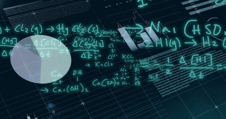 Image of finacial data processing with mathematical equation on black background
