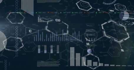 Image of finacial data processing with chemical formula on black background
