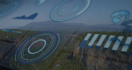 Image of scope scanning and statistic charts over forest and mountains