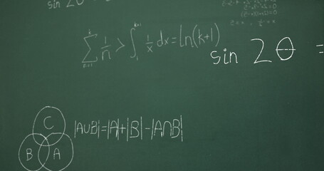 Image of mathematical data processing over green chalkboard