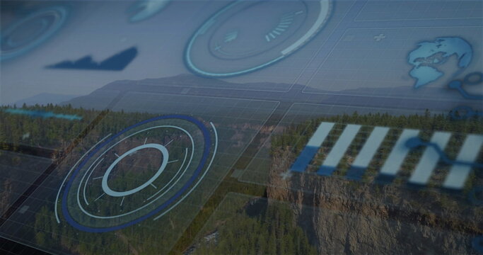 Fototapeta Image of scope scanning and statistic charts over forest and mountains
