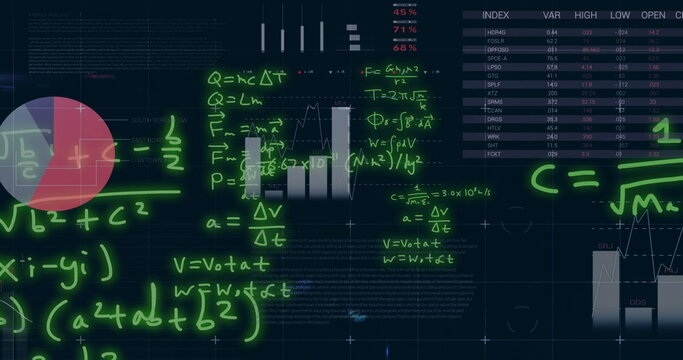Image of finacial data processing with mathematical equation on black background