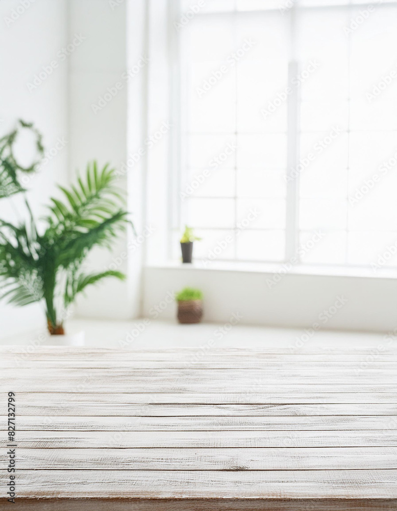 Poster empty table board and defocused indoor background. product display concept, high key light