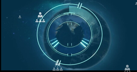 Image of people icons and scope with data processing over blue background