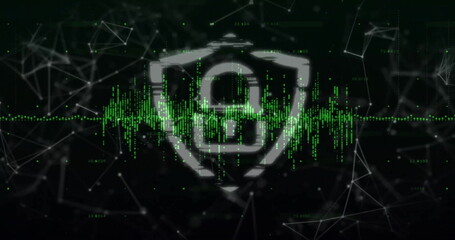Image of padlock, connections and data processing over dark background