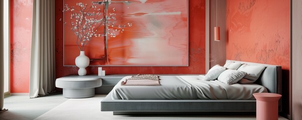 A modern bedroom with walls in a vibrant