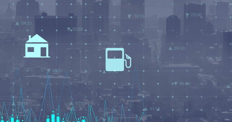 Image of stock market and data processing over cityscape