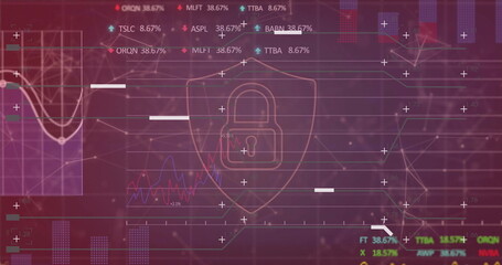 Image of padlock and financial data processing over dark background