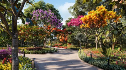 Details of the botanical area featuring the front view of trees adorned with vibrant flowers