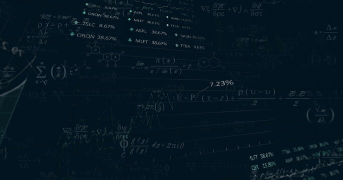 Image of finacial data processing with mathematical equations on black background