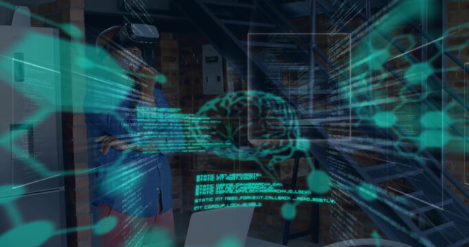 Image of data processing and digital brain over african american businessman using vr headset