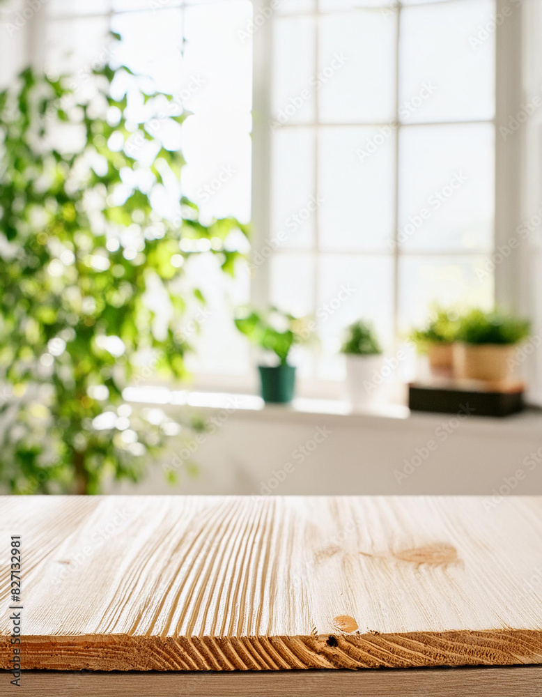 Poster empty table board and defocused indoor background. product display concept, high key light