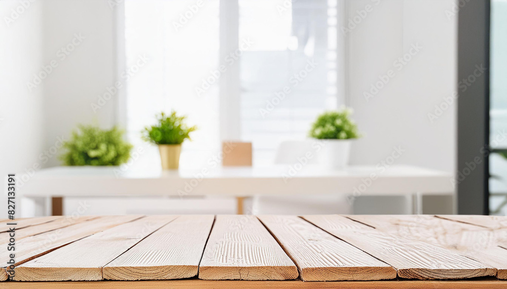 Poster empty table board and defocused indoor background. product display concept, high key light