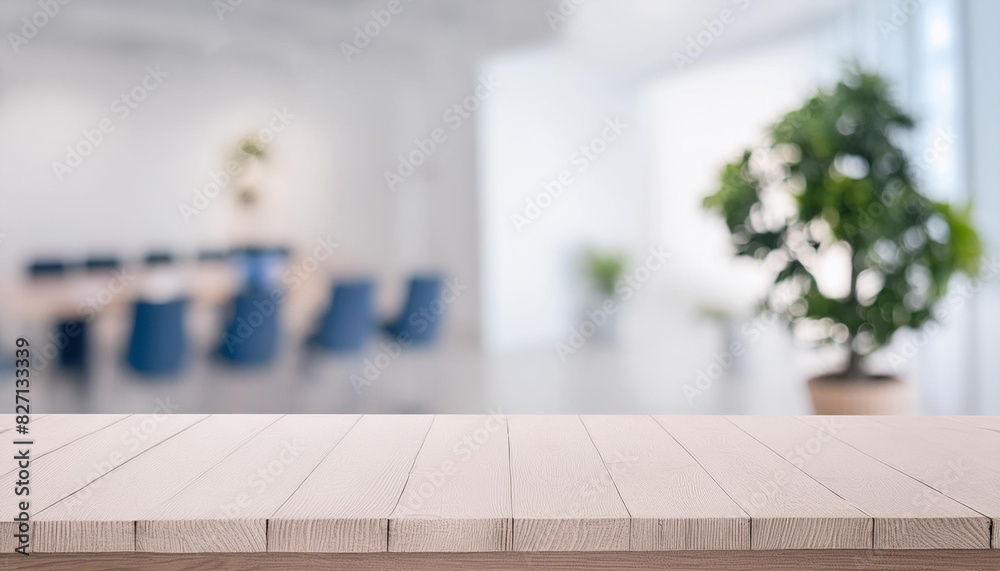 Poster empty table board and defocused indoor background. product display concept, high key light