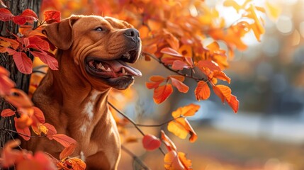  A large brown dog stands next to a tree, its head adorned with red and yellow leaves Its tongue hangs out of its mouth