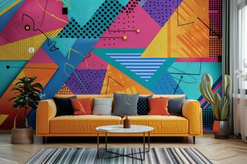 Abstract geometric wallpaper, bold colors like teal, orange, and magenta, dynamic shapes and lines, a modern and energetic vibe for a contemporary living room