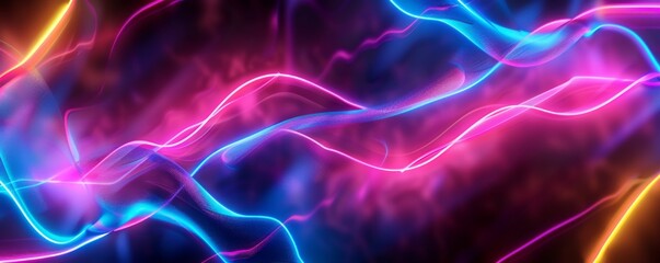 Obraz premium Abstract neon lights on a dark background, vibrant colors and dynamic shapes, modern and eyecatching, ideal for a trendy decor