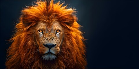 Fototapeta premium Fantasy lions majestic head with intricate design against dark background. Concept Fantasy Lions, Majestic Head, Intricate Design, Dark Background