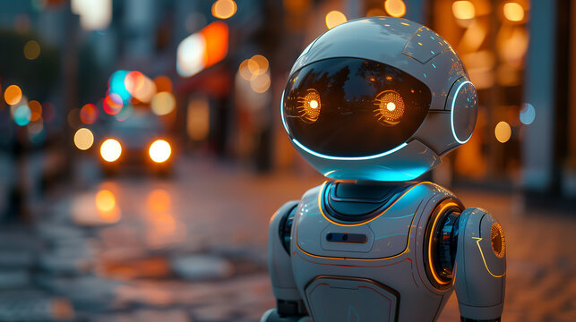 cute robot with glowing eyes stands on the street of an evening city