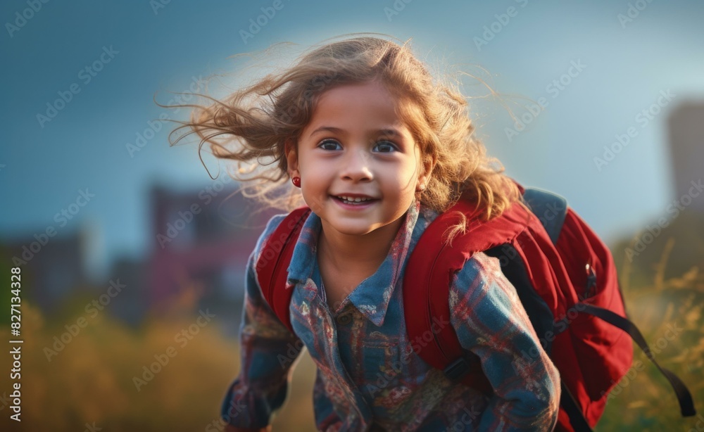 Canvas Prints a young girl with a backpack is running through a field. generative ai.