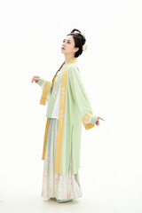 A woman wearing ancient Chinese clothing against a white background.