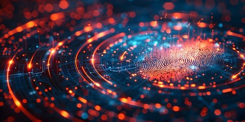 Enhanced Security Measures: Neon Cyber Technology Background with Fingerprint Protection. Concept Cyber Security, Neon Background, Fingerprint Protection, Enhanced Measures