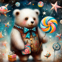 Mixed media painting of a whimsical bear