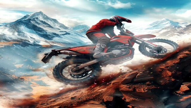 Mountain trail motorbikes traverse extreme terrain of mountains and hills with abstract style cinematic light reflections, sky reflections