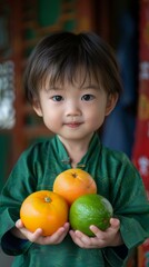 Fototapeta premium A young boy holding two oranges and a lime in his hands. Generative AI.