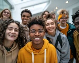 A group of people standing together in a room with smiles on their faces. Generative AI.