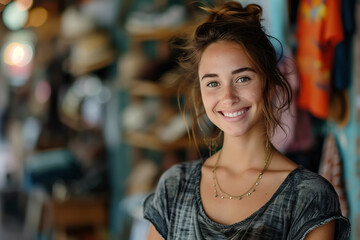 Young woman smiling in a clothing store - Powered by Adobe