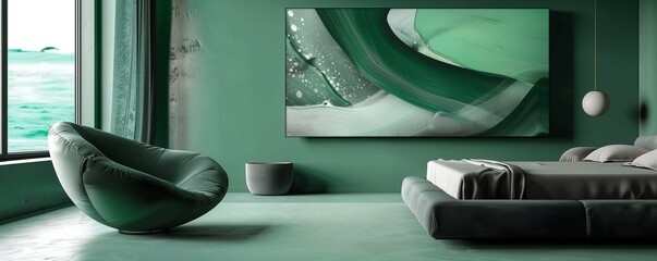 A modern luxury bedroom with walls in soft seafoam green and a sleek