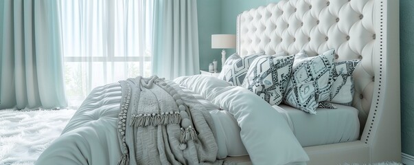 A modern luxury bedroom with walls in a pale aquamarine