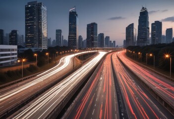 Fototapeta premium Light flow of traffic on a evening highway in a city with modern high buildings