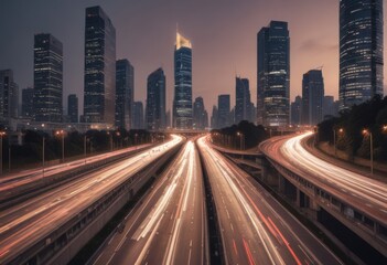 Fototapeta premium Light flow of traffic on a evening highway in a city with modern high buildings