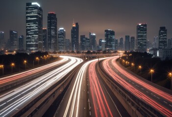 Light flow of traffic on a evening highway in a city with modern high buildings