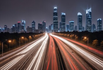 Fototapeta premium Light flow of traffic on a evening highway in a city with modern high buildings