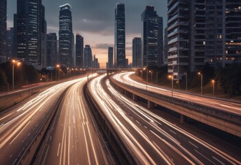 Fototapeta premium Light flow of traffic on a evening highway in a city with modern high buildings