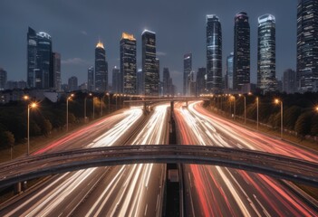 Fototapeta premium Light flow of traffic on a evening highway in a city with modern high buildings