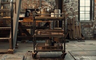 An industrial-style rolling cart for supplies, showcasing its rugged metal frame and practical storage options in a gritty urban setting