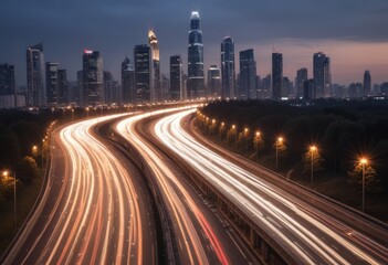 Obraz premium Light flow of traffic on a evening highway in a city with modern high buildings