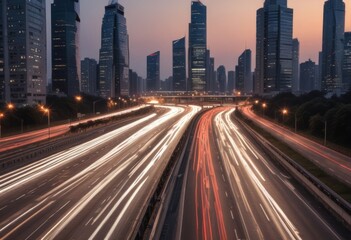 Light flow of traffic on a evening highway in a city with modern high buildings