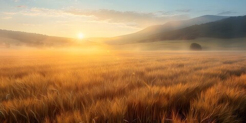 Golden Wheat Fields Glowing in the Festive Solstice Morning Light. Concept Nature Photography, Landscape Scenery, Sunlight Filter, Golden Hour Shadows, Ethereal Nature Scenes