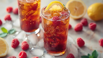 Summer drinks, Refreshing iced tea with raspberries and lemon.