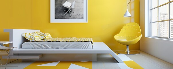 A modern minimalist bedroom with bright yellow walls and a low